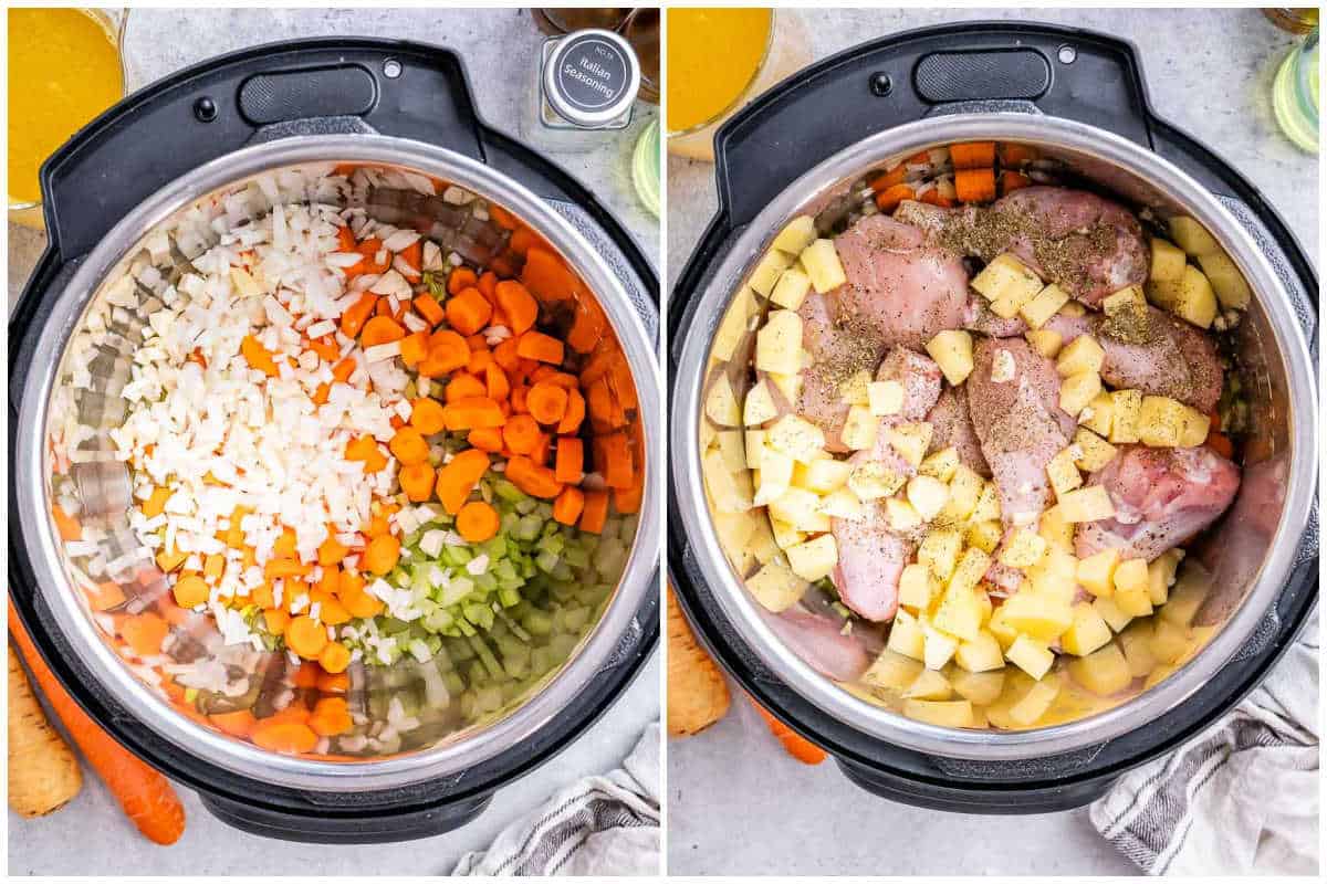 process shot of adding noodle soup ingredients to the instant pot.