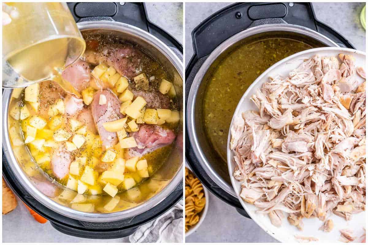 adding broth and shredded chicken to the instant pot.