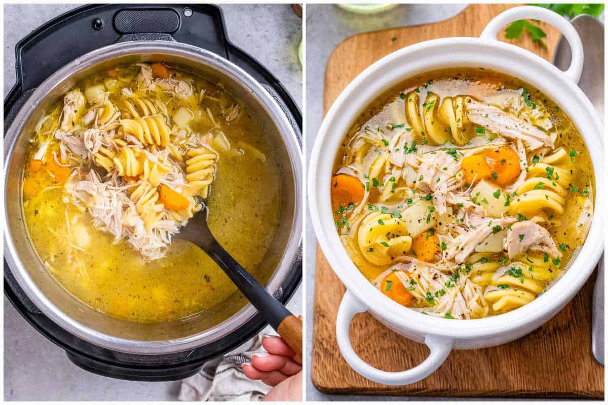 process shot of finished noodle soup in pot and adding to a serving bowl.