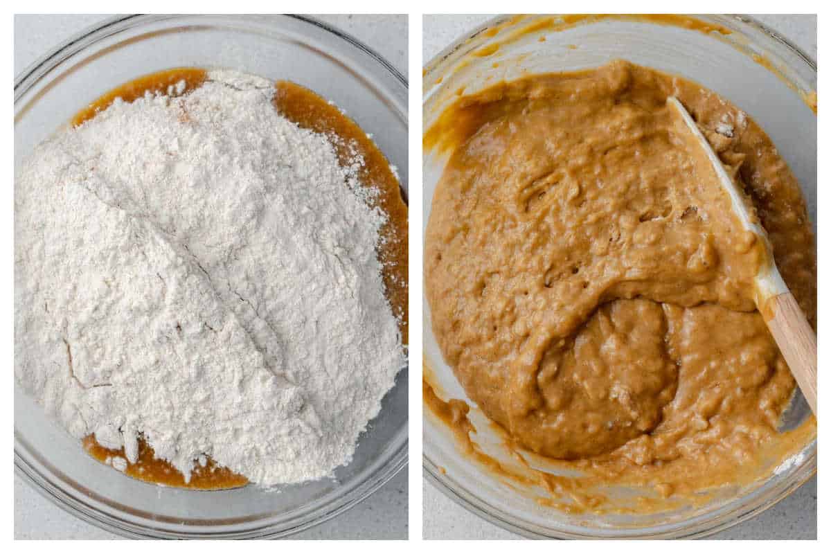 process shot to add flour over the pumpkin batter and mix it together.
