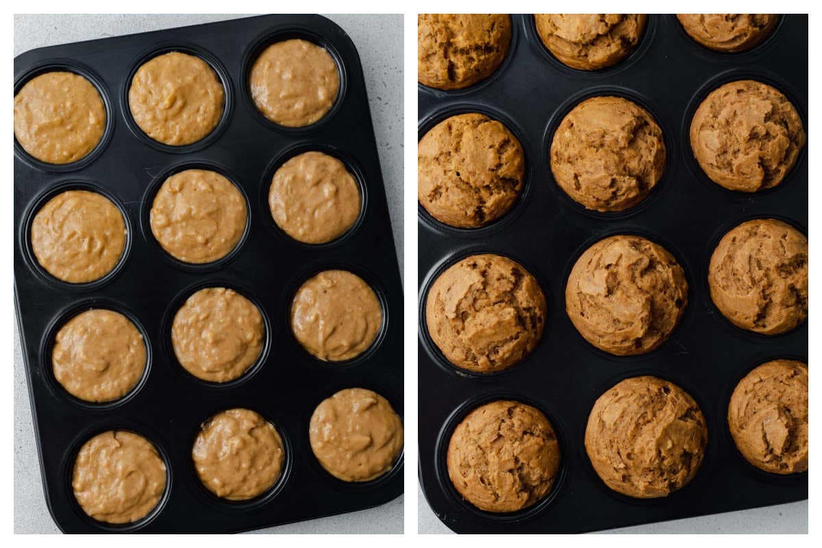 process shot to bake muffins in a pan. 