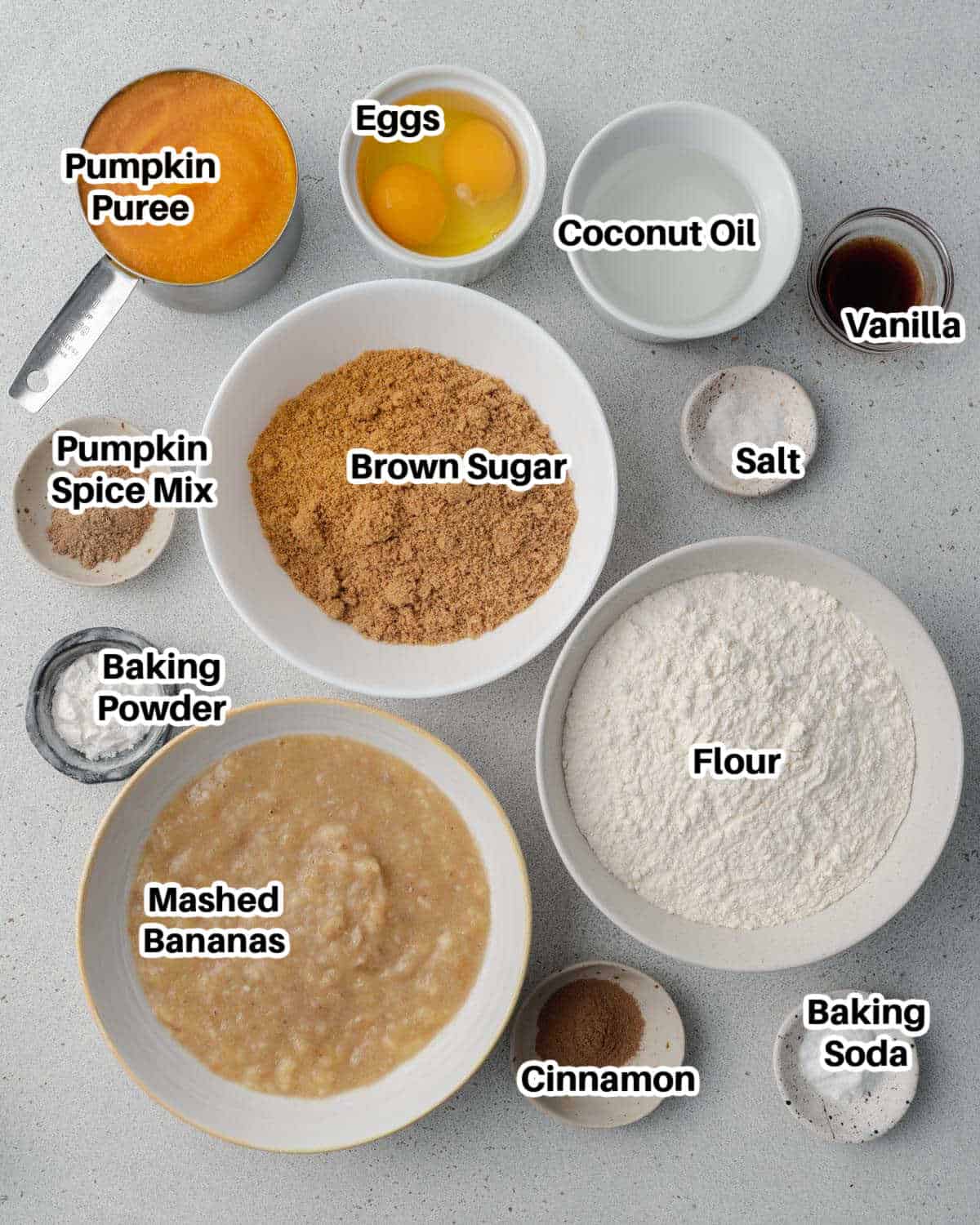 ingredients for pumpkin banana muffins.