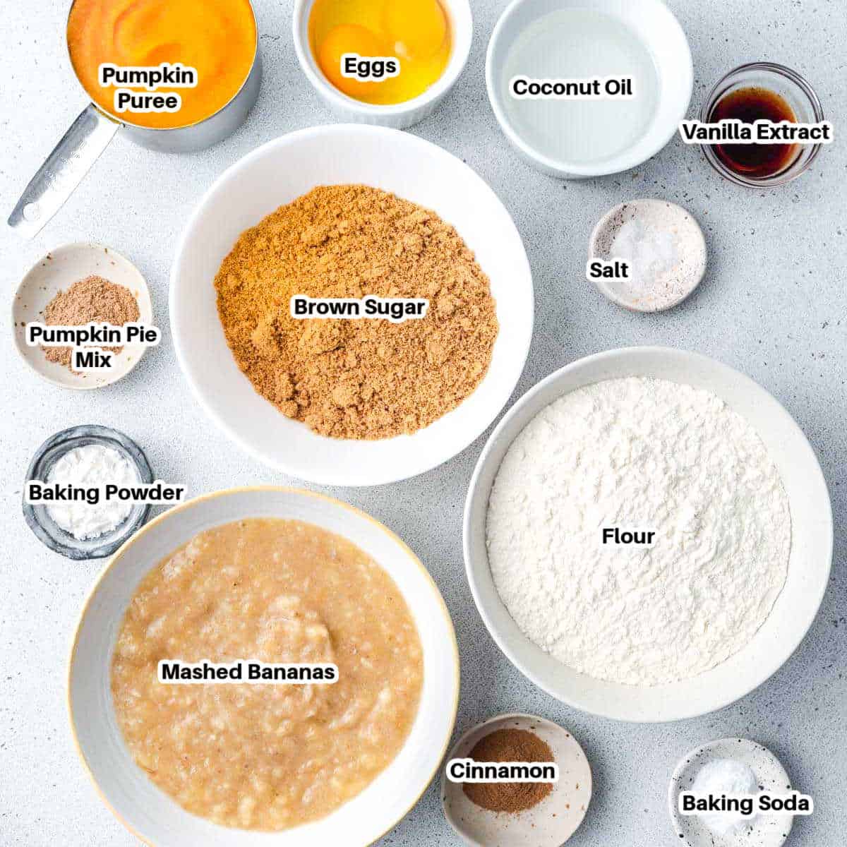 ingredients to make pumpkin banana muffins. 