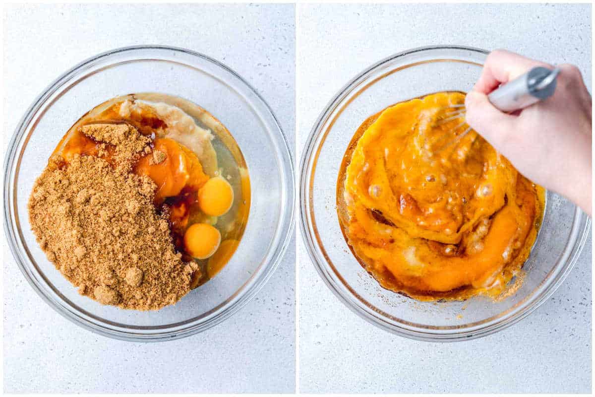 Combining all the wet ingredients in a bowl.