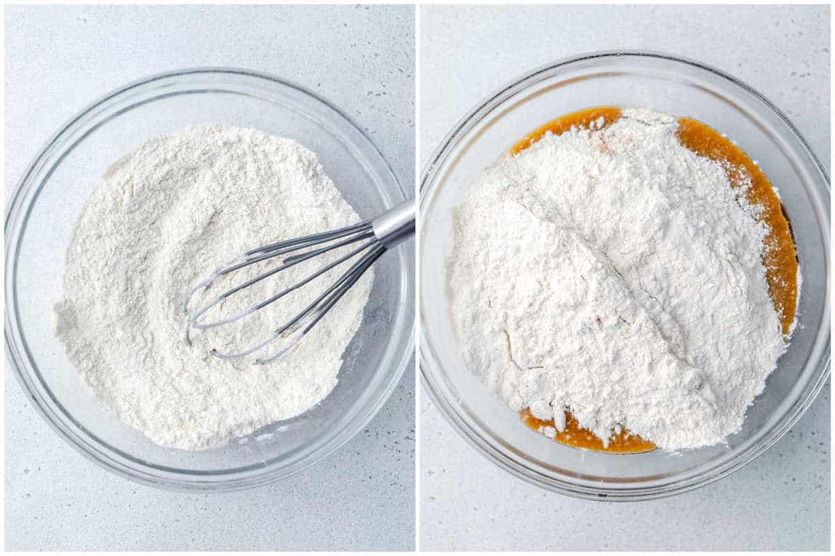 process shot to mix the dry ingredients and adding it to a bowl with the wet ingredients.