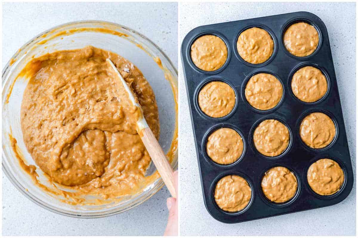 process shot to mix the muffin batter and then adding it to he muffin pan.