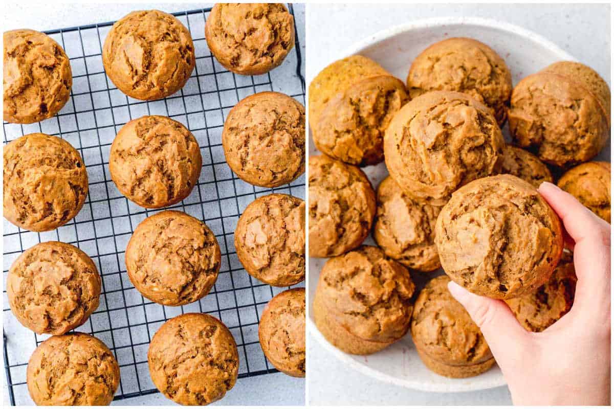 process shot to cool the muffins and adding them to a bowl once baked.