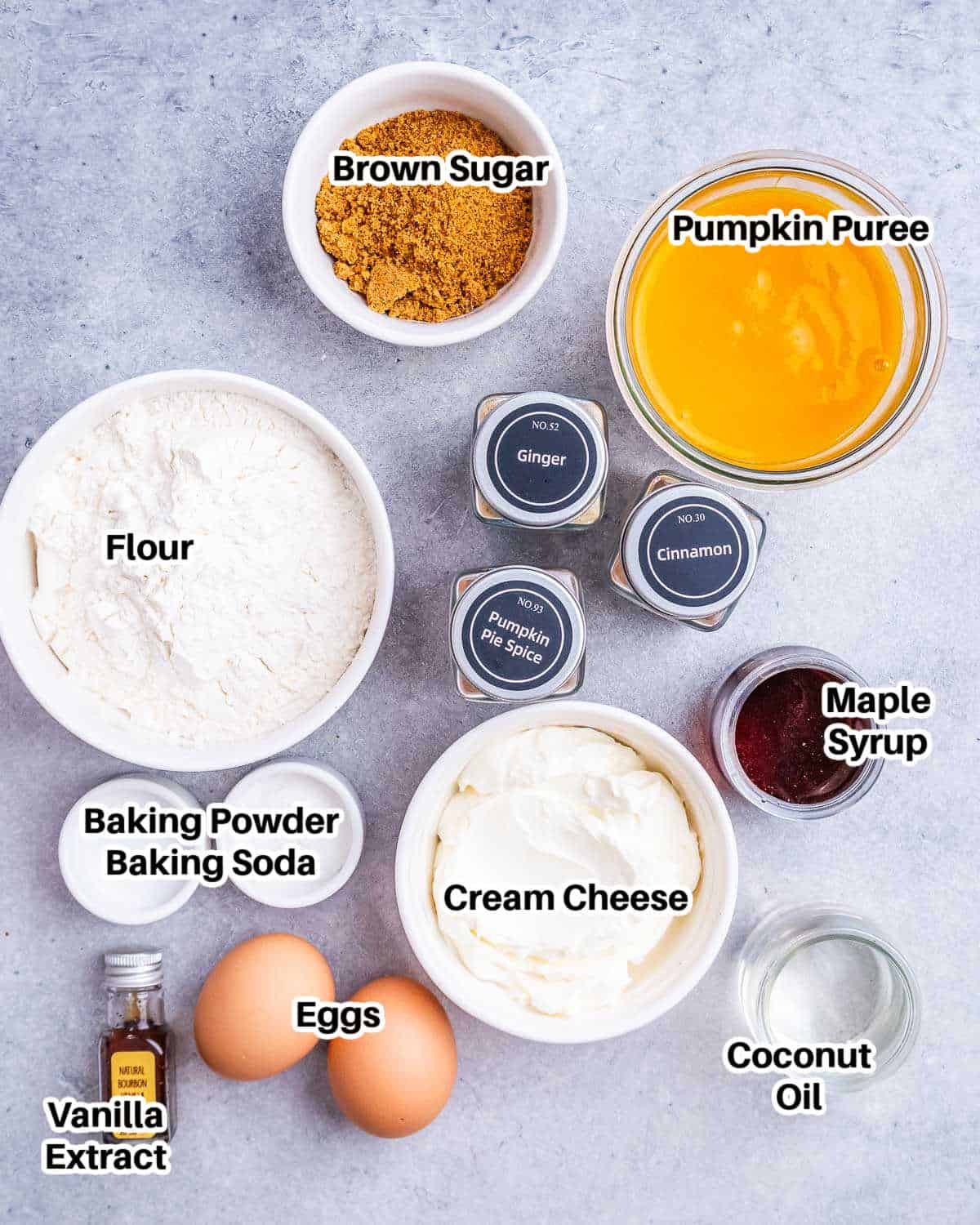 ingredients for pumpkin muffins with cream cheese. 