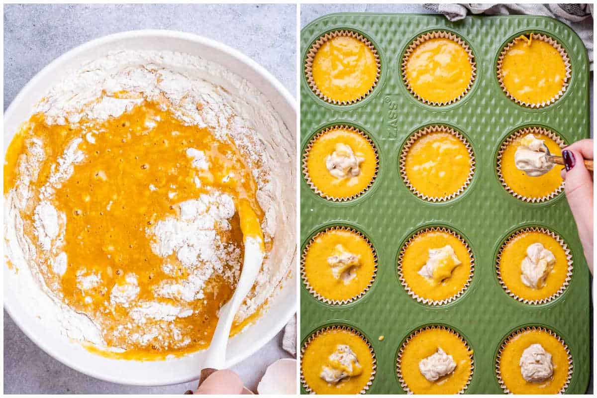 process shot make mix the pumpkin wet base with flour in a bowl then adding the batter to muffin pan and adding cream cheese to the middle.