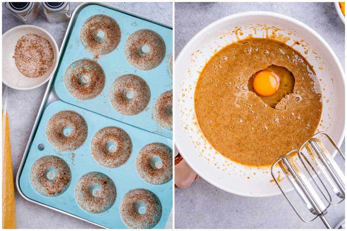 process shot of adding sugar to the donut mold and mixing the egg with the sugar in a bowl.