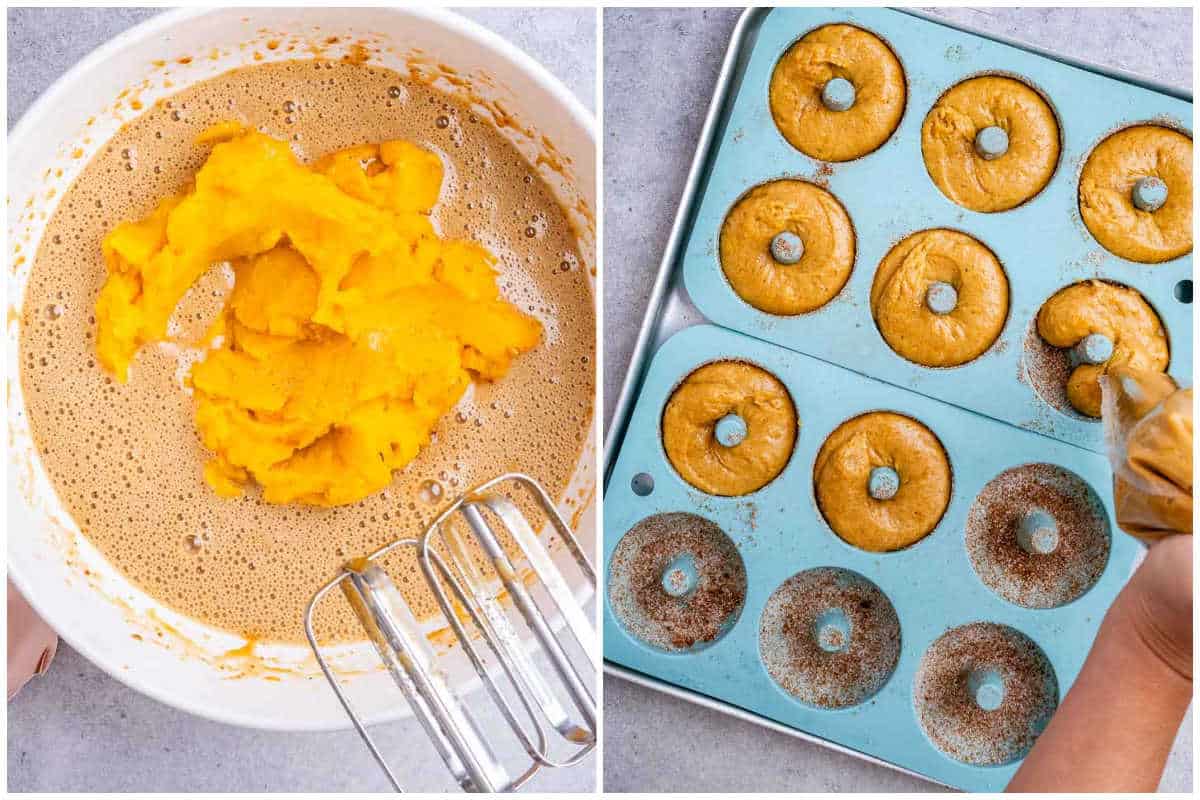 process shot of making the pumpkin batter for the donuts and adding it to the donut mold. 