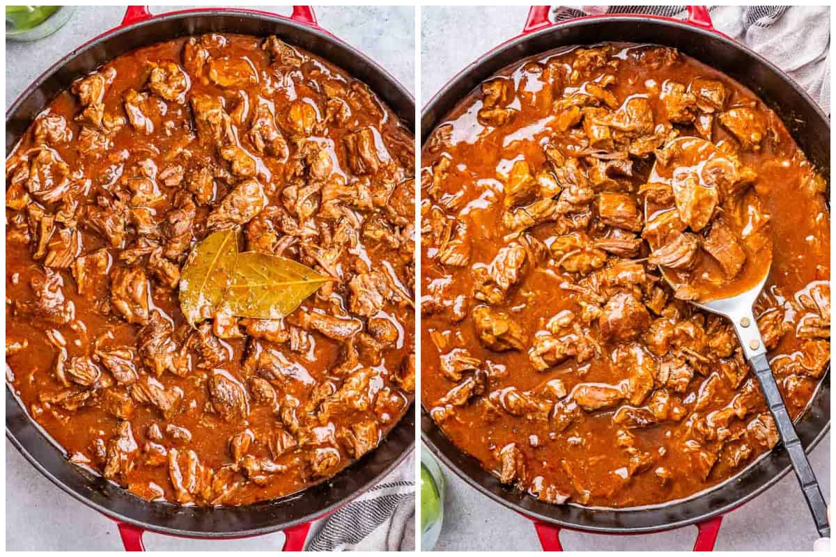 process shot of shredding the meat in a tomato sauce in a pan.