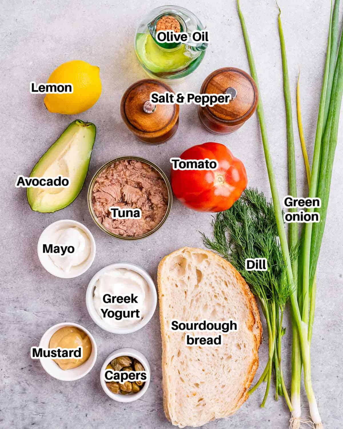 ingredients to make a tuna and avocado sandwich.