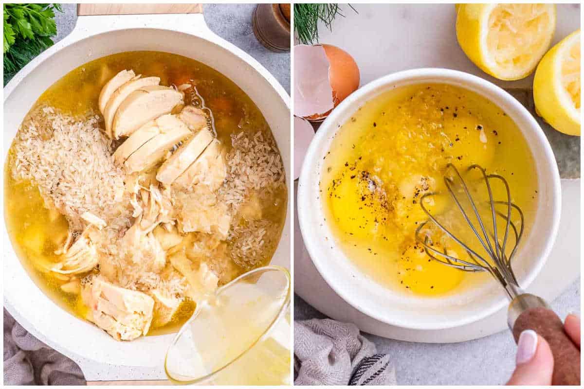 process shot of adding broth and rice in a pot to make soup, and whipping eggs to add to the soup.