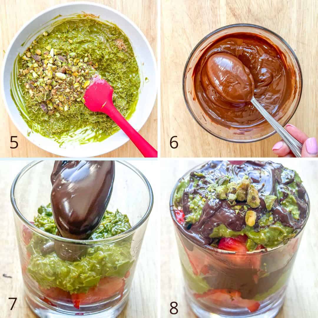 process shot showing adding the crunchy pistachios in the pistachio later mix, melting chocolate, and the layering the cup with strawberries. 