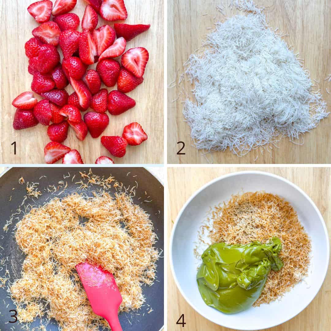 collage showing chopped strawberries and kataifi, then toasting the kataifi and adding pistachio cream.