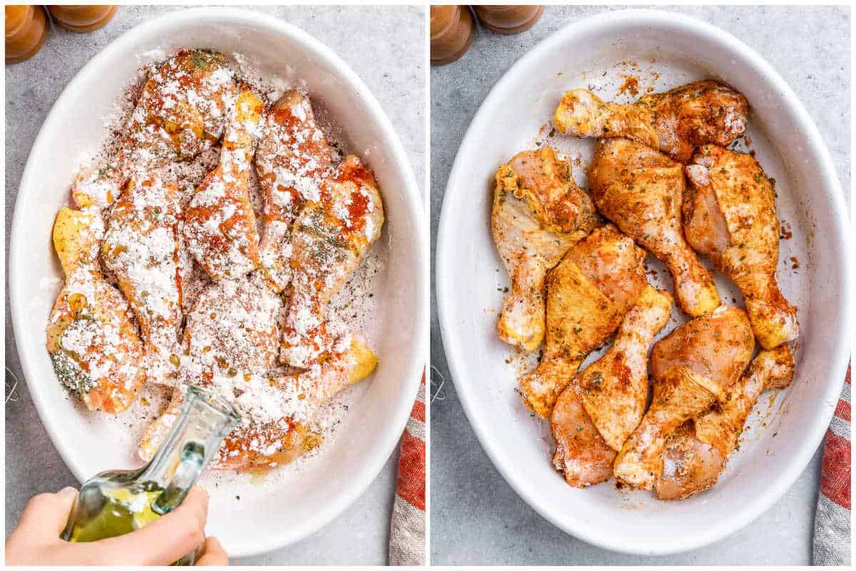 process shot to season chicken legs in a baking dish.