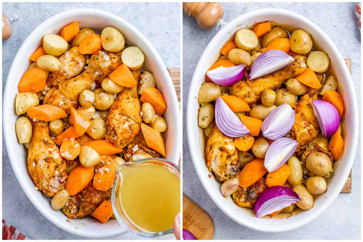 process shot to add broth over the chicken and veggies in a dish.