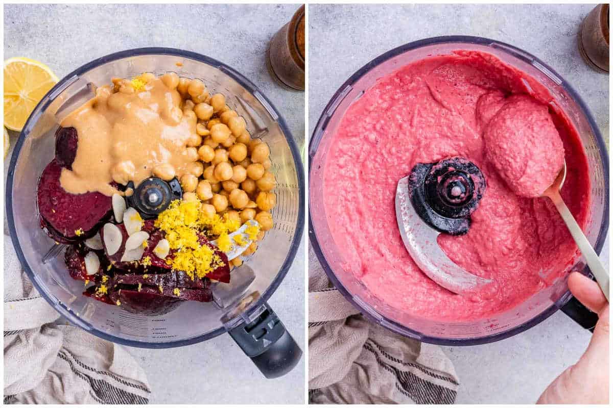 process shot to adding the hummus ingredients in a food processor and blending. 