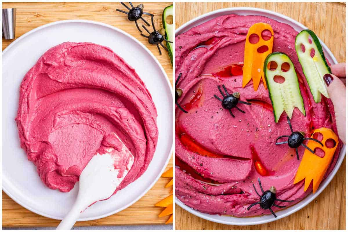 process shot of spreading the hummus on a plate and decorating it. 