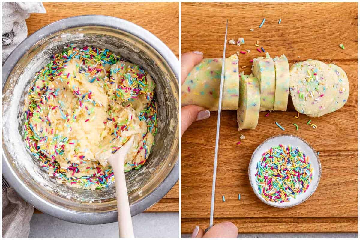 process shot of adding sprinkles to the cookie dough and making cookie morsels before baking. 