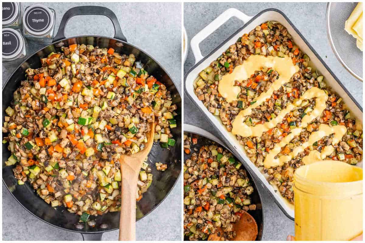 process shot of cooking the veggies and adding to a dish, then topping with the butternut squash sauce.