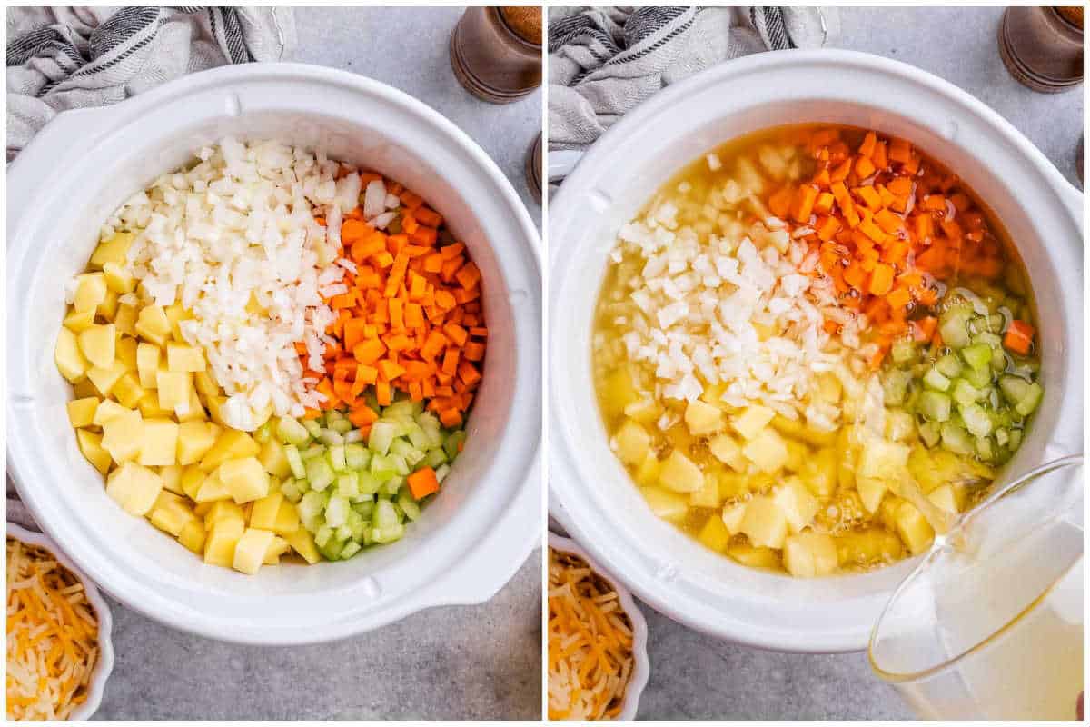 process shot of adding veggies and broth to crockpot.