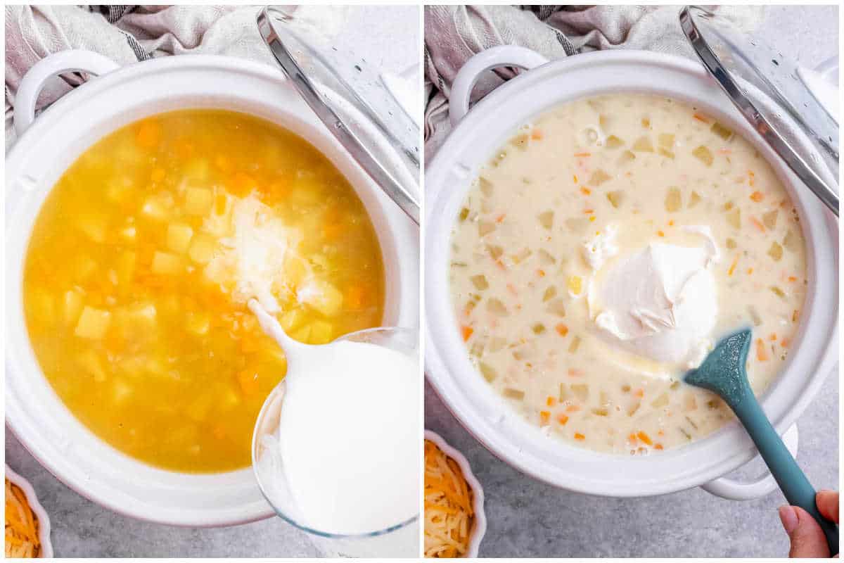 process shot of adding milk and cream cheese to soup in the crockpot.