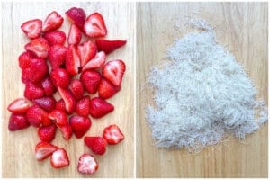 process shot to chop strawberries and kataifi.