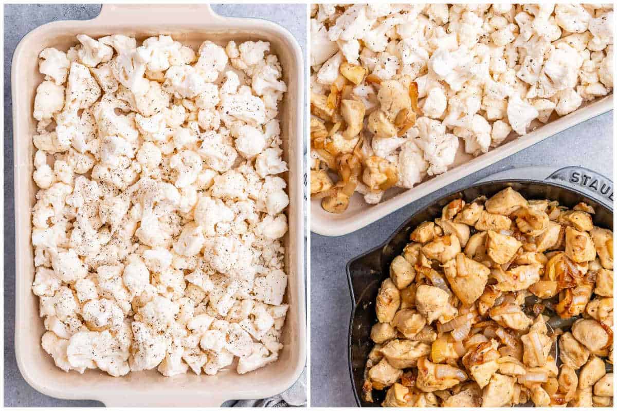 process shot of adding cauliflower florets to a dish and then topping with cooked onion and chicken.