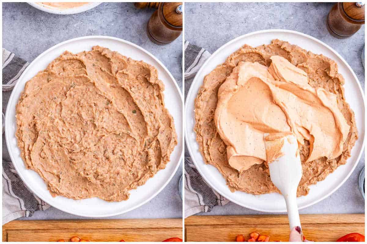 spreading the bean dip layer on a plate.