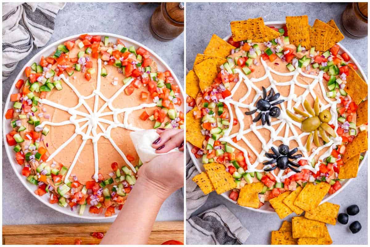 decorating the bean dip later and topping with veggies.