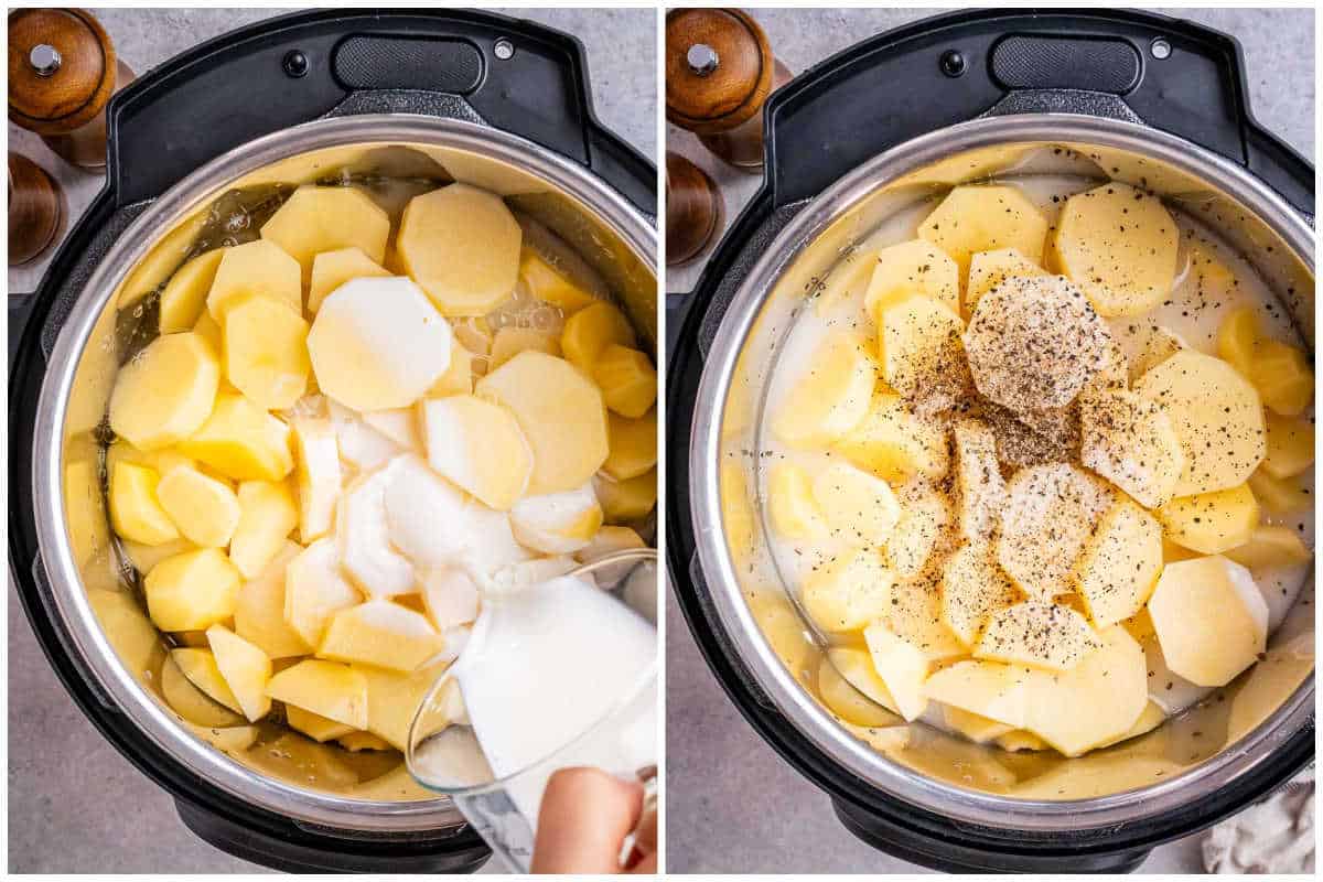 process shot to add potatoes in the instant pot with milk and seasonings. 