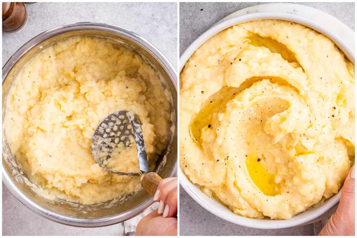 mashing the potatoes in the instant pot and serving them in a bowl.