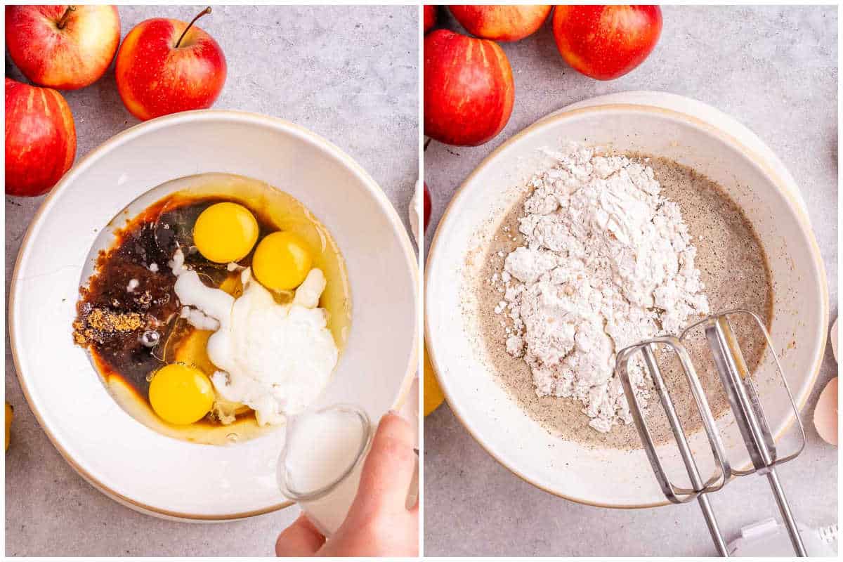 process shot making the batter for the apple cake, and then adding flour to the bowl with the batter.