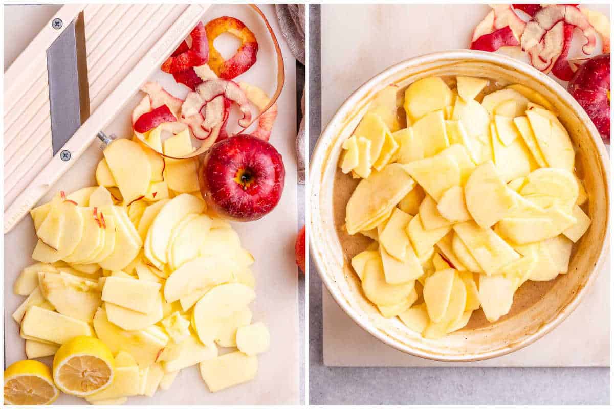 process shot of slicing the apples and adding them to a bowl.