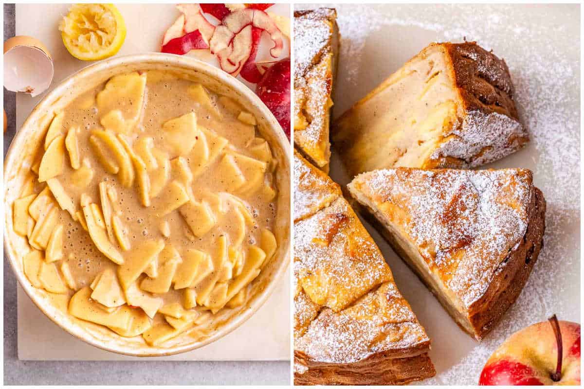 process shot of mixing the sliced apples in batter and then baking.