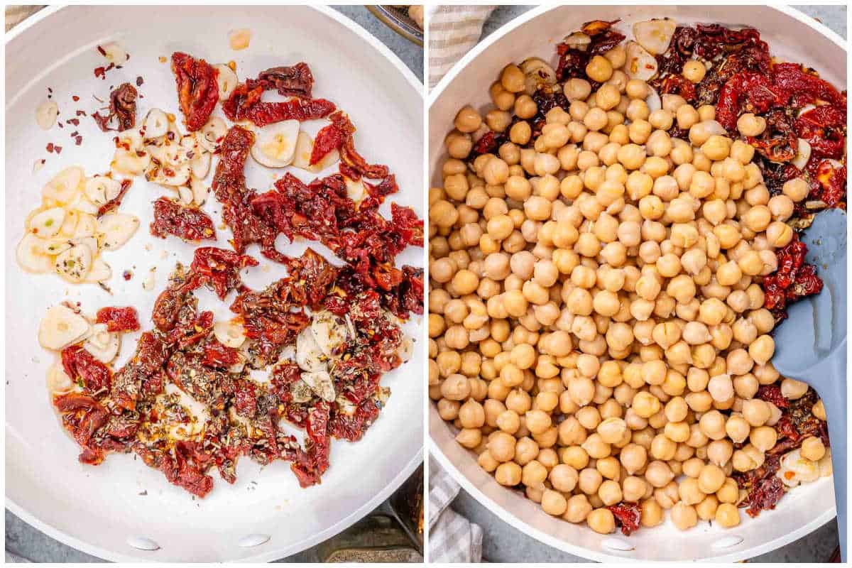 process shot of searing tomatoes and garlic in a skillet and adding chickpeas.
