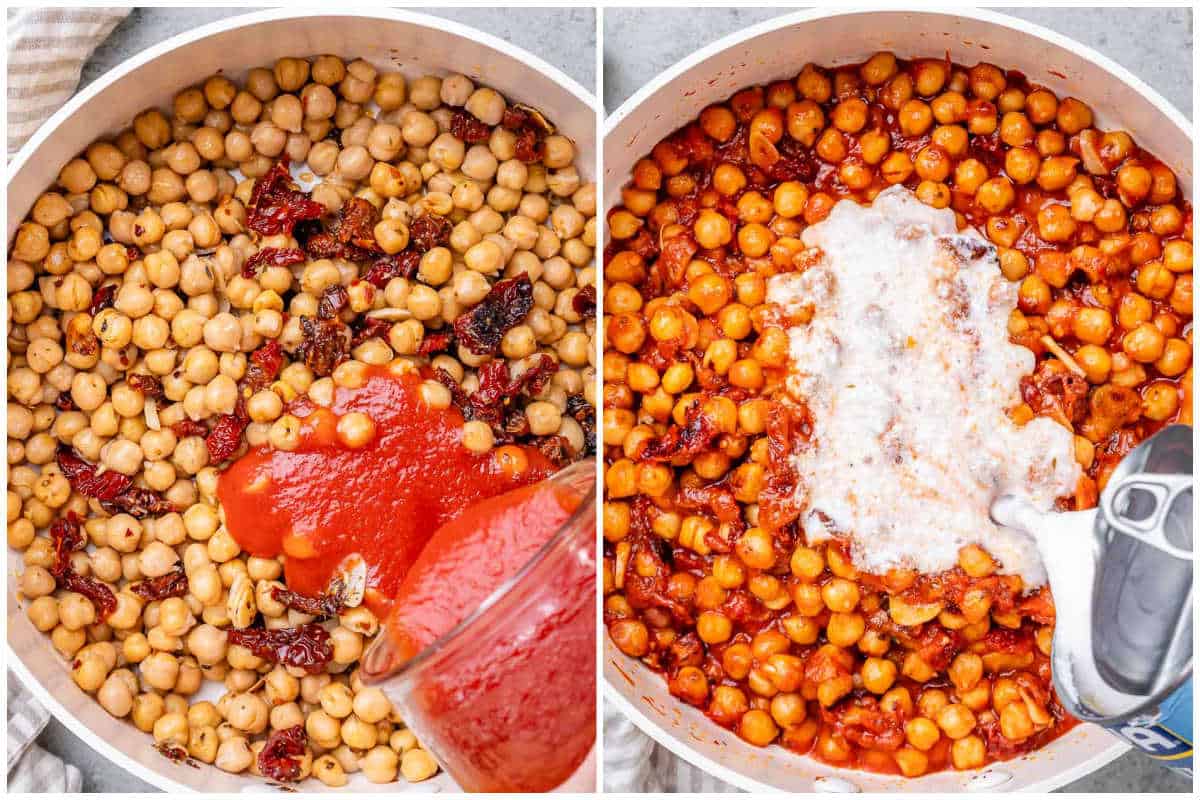 process shot of pouring tomato sauce over chickpeas and adding coconut cream.