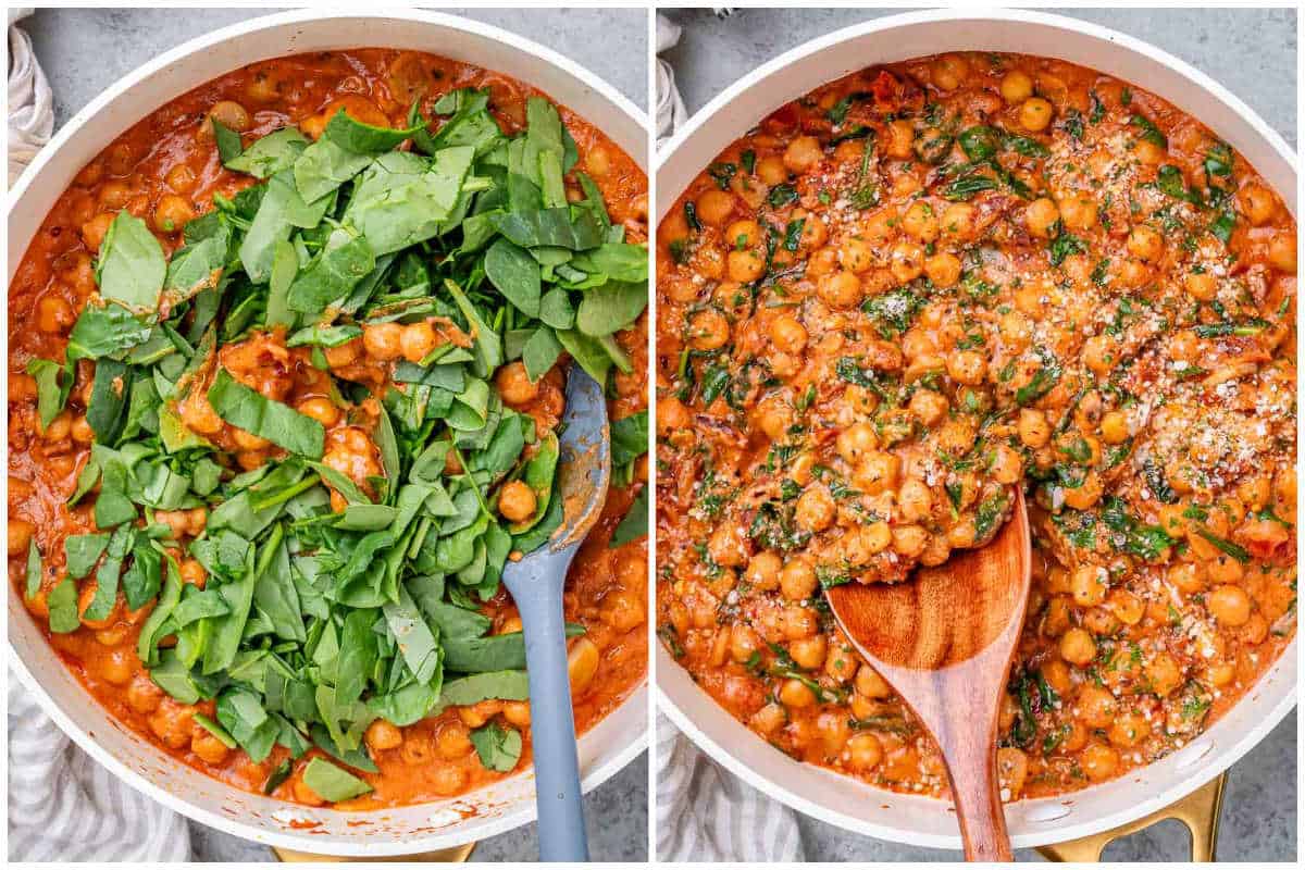 process shot of adding spinach over chickpeas and making the marry me chickpea.