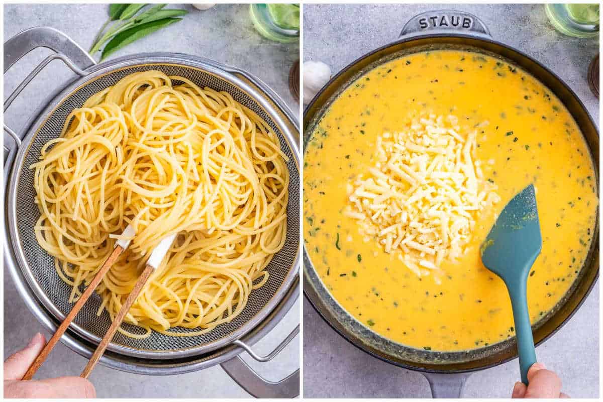 process shot to cook the spaghetti and add cheese to the pumpkin sauce.