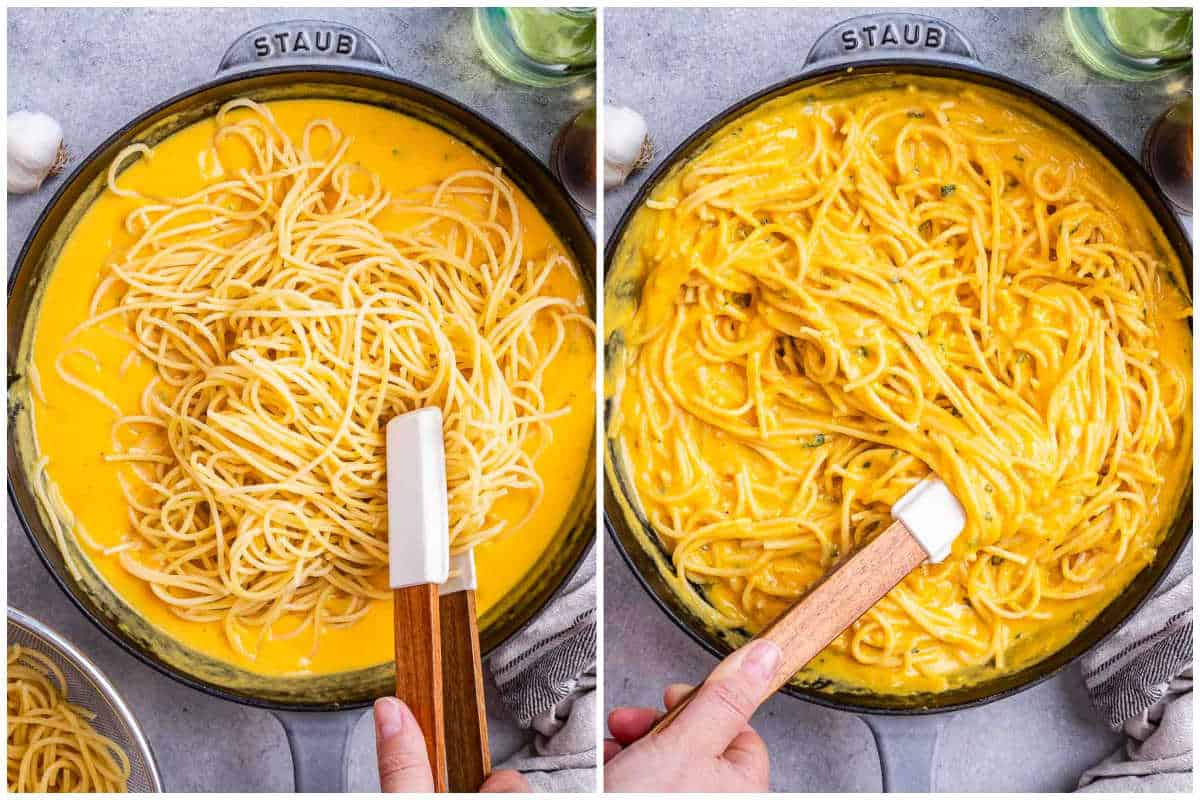 process shot of adding pasta to the pumpkin sauce and mixing. 