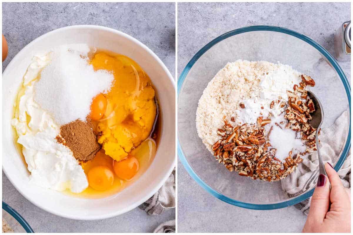 process shot of making the dump cake filling and cake topping.