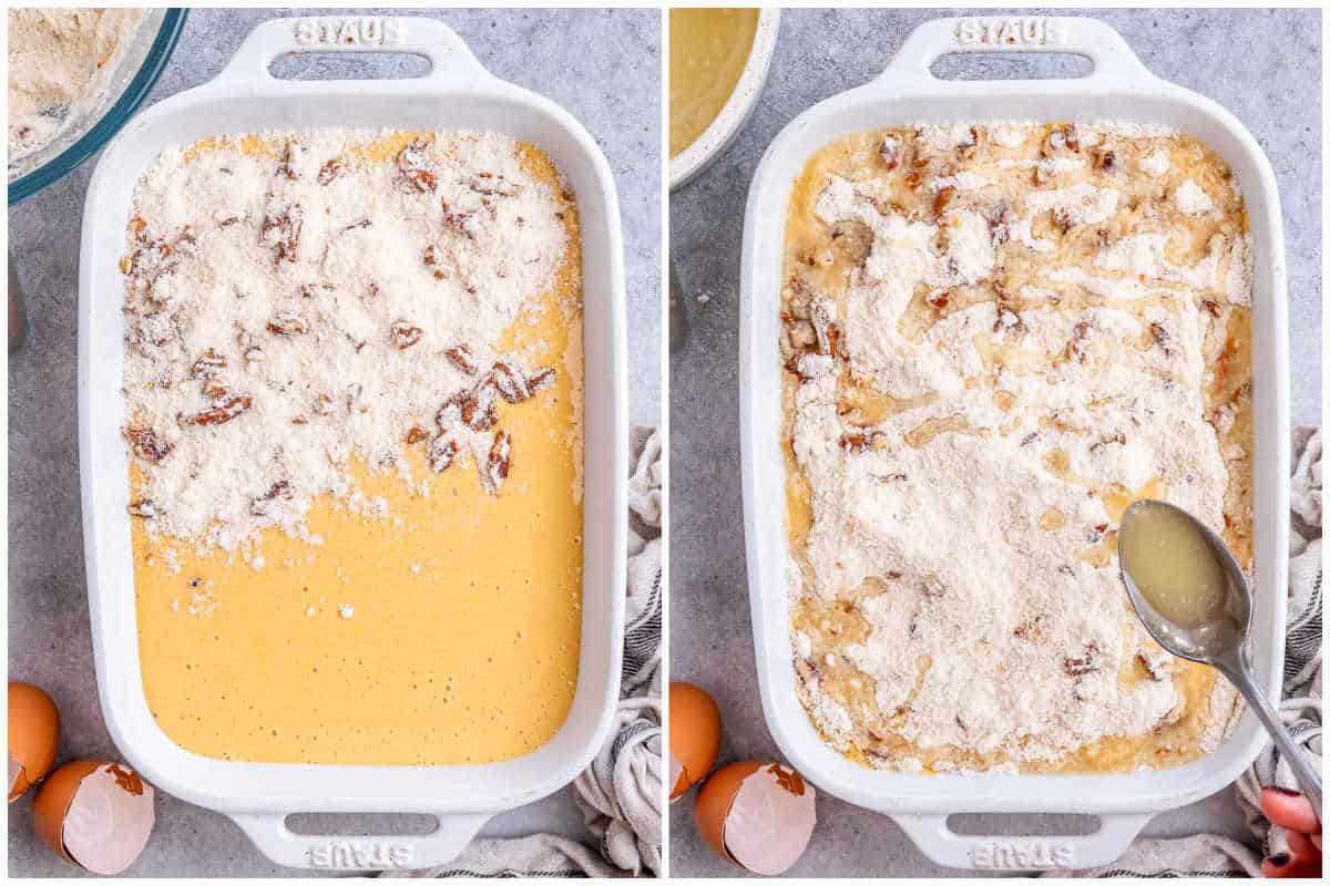 process shot of adding the flour mix over the pumpkin filling.