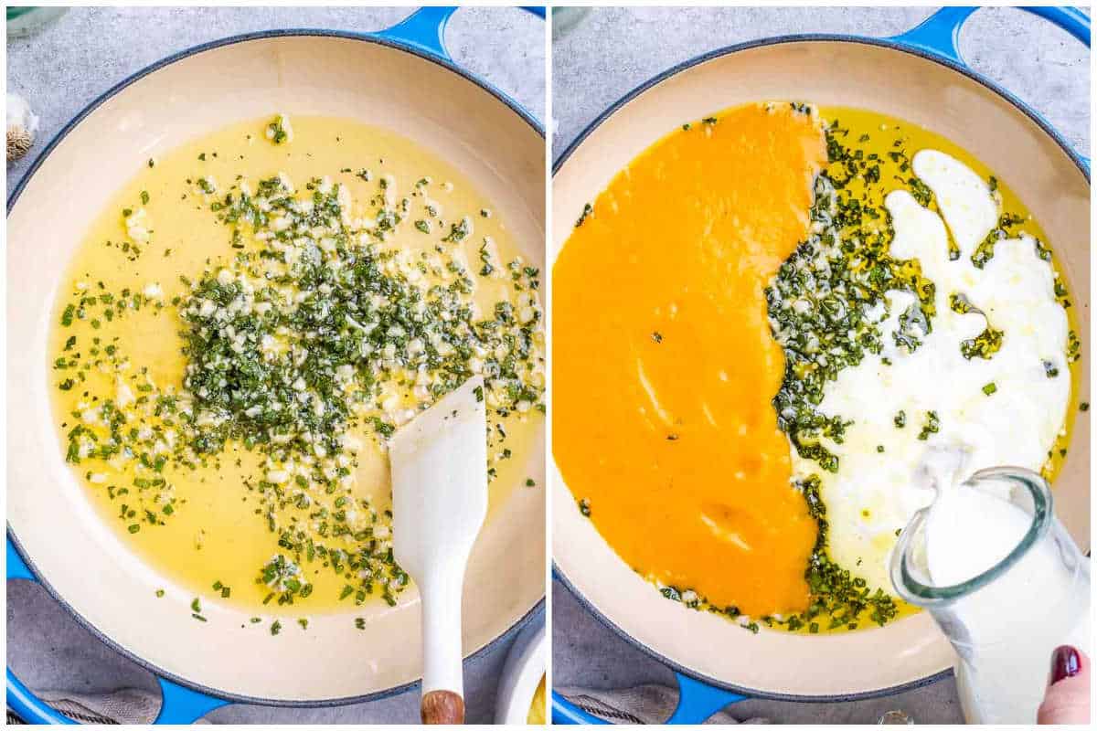 process shot of cooking sage with garlic in skillet with olive oil, then adding the pumpkin puree and milk into the skillet. 