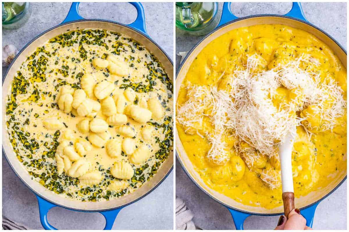 process shot adding the the gnocchi into the pumpkin sauce in the pan. Then adding parmesan cheese. 