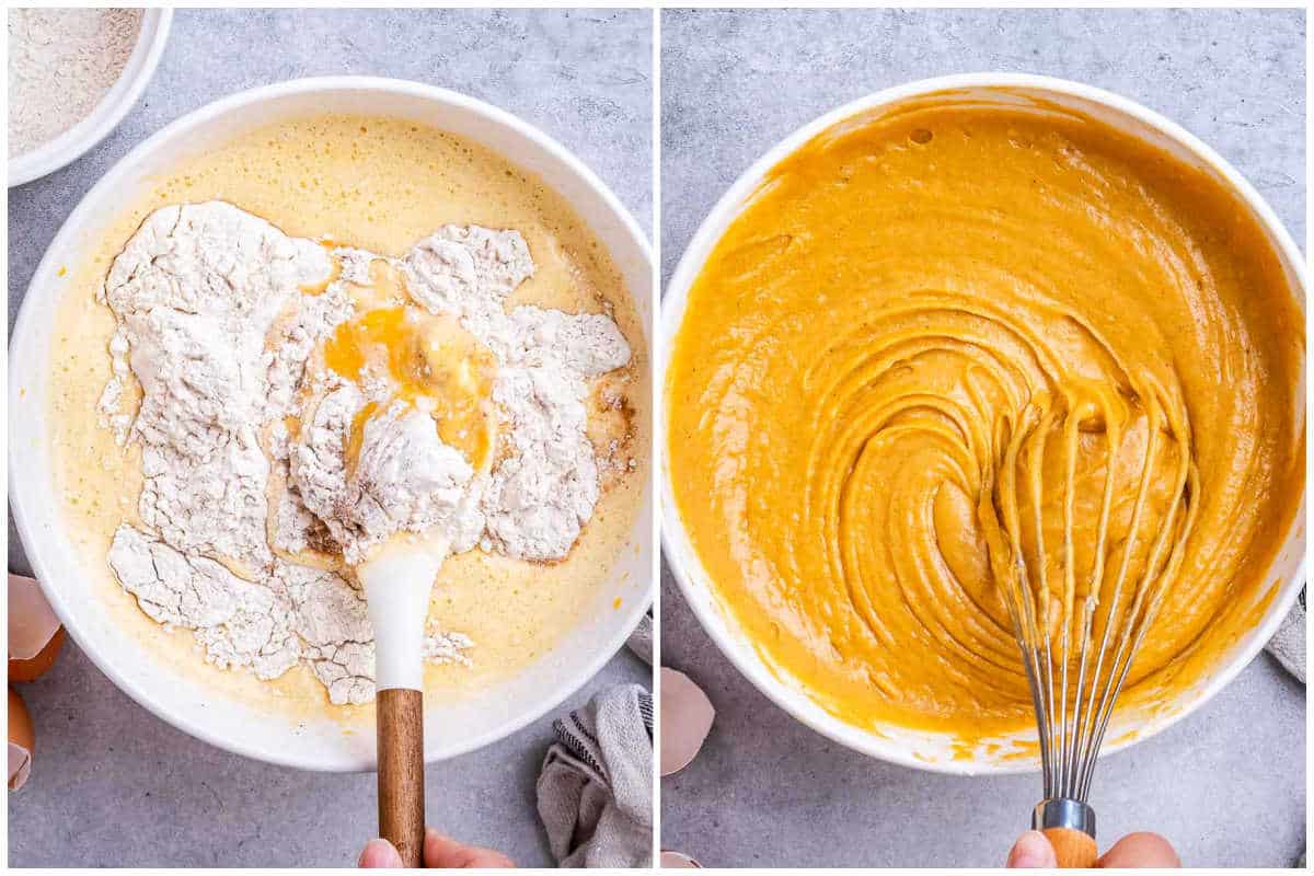 process shot to add the flour to the egg mix and mixing to combine.