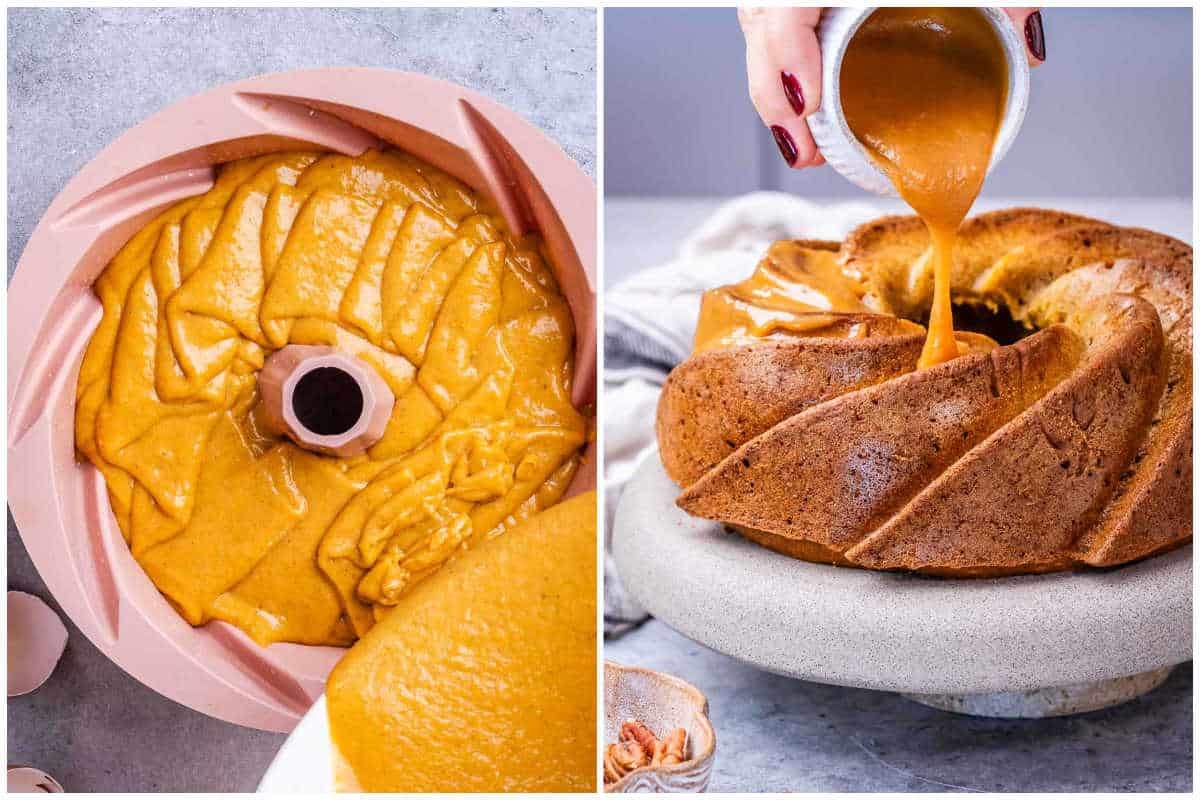 Pouring pumpkin batter into the pan and adding glaze.