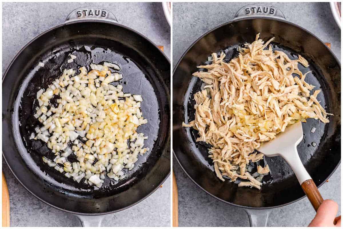 process shot sauteing onions and adding shredded chicken in pan.