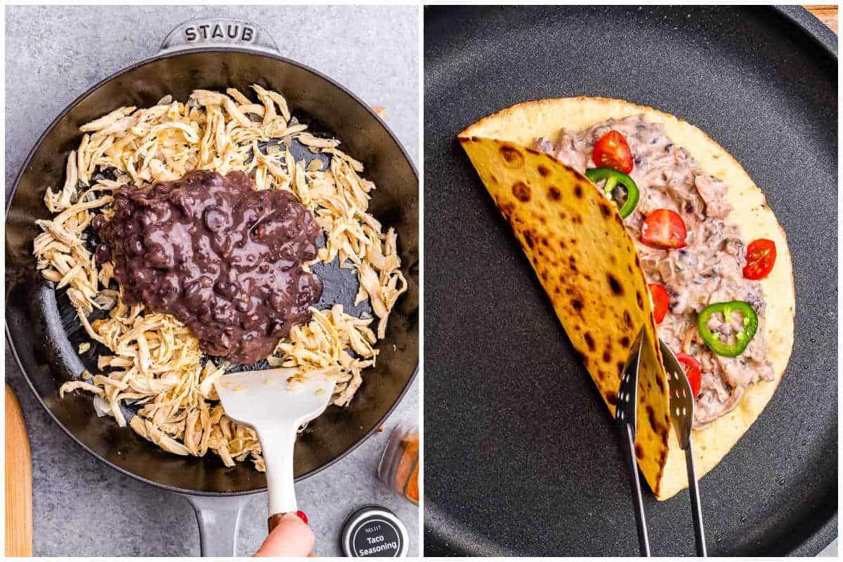 process shot of adding beans to shredded chicken and making the tacos.